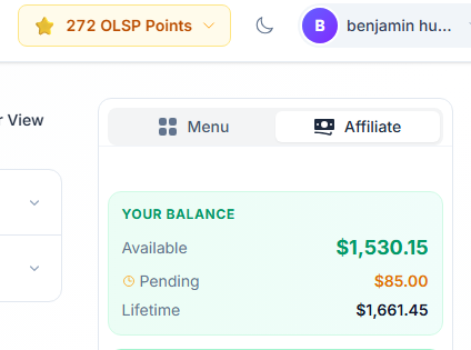 Benjamin Hübner's OLSP affiliate dashboard: lifetime earnings $1,661.45, available balance $1,530.15, pending $85.00