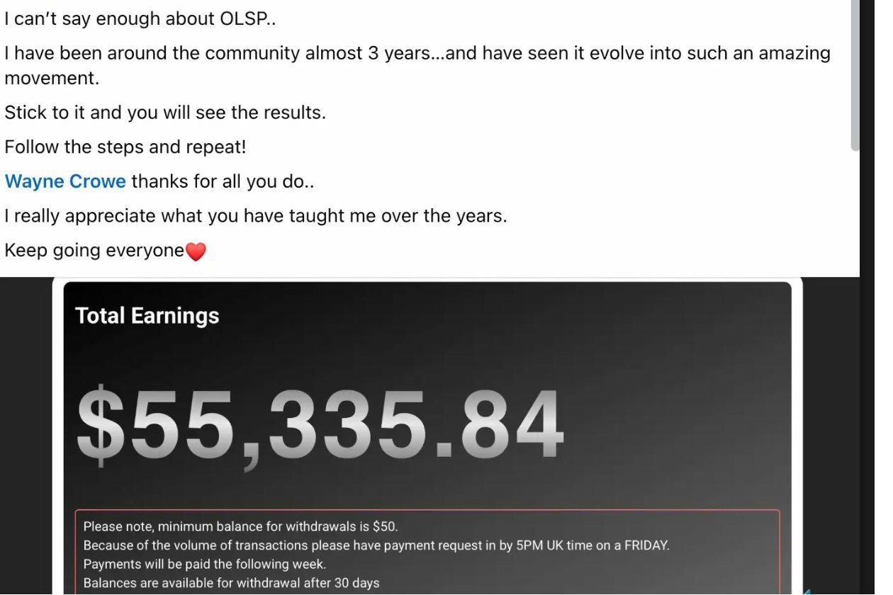 OLSP member result — $55k earnings screenshot